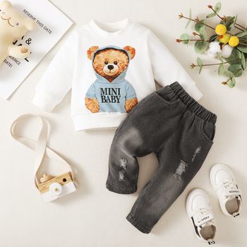 2pcs Baby Boy 100% Cotton Ripped Jeans and Bear Print Long-sleeve Sweatshirt Set