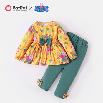 Peppa Pig Baby Girl 2-piece Ruffled  Bowknot Flower Top And Solid Pants Set
