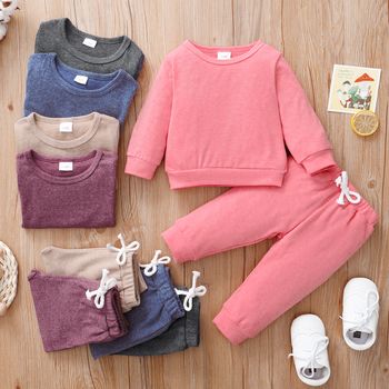 2pcs Baby Girl Solid Long-sleeve Loungewear Pullover and Trousers Set