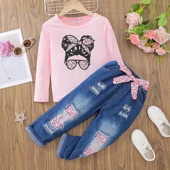 2pcs Kid Girl Figure Print Long-sleeve Pink Tee and Belted Ripped Denim Jeans Set