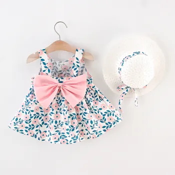 2pcs Floral Print Bowknot Sleeveless Baby Dress