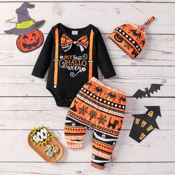 Halloween 3pcs Baby Boy/Girl 95% Cotton Long-sleeve Bow Front Graphic Romper and Allover Print Pants with Hat Set