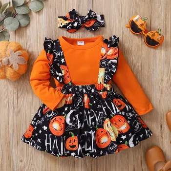 2pcs Halloween Style Pumpkin Print Long-sleeve Orange Baby Set