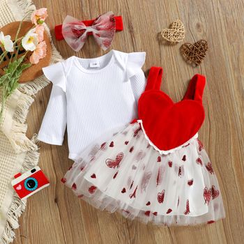 Valentine's Day 3pcs Baby Girl Ribbed Long-sleeve Romper and Love Heart Embroidered Sleeveless Mesh Dress Set