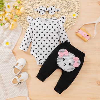 3pcs Baby Girl 95% Cotton Bear Graphic Bow Decor Pants and Polka Dot Print Ruffle Long-sleeve Romper with Headband Set