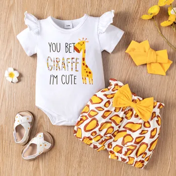 3pcs Baby Girl 95% Cotton Ruffle Short-sleeve Cartoon Giraffe Letter Print Romper and Bowknot Shorts with Headband Set