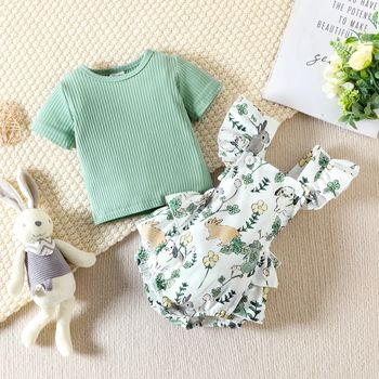 Easter 2pcs Baby Girl 95% Cotton Ribbed Short-sleeve Tee and Allover Rabbit Print Layered Ruffle Trim Romper Set