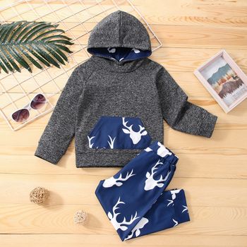 2-piece Toddler Boy Christmas Deer Print Colorblock Hoodie Sweatshirt and Pants Set
