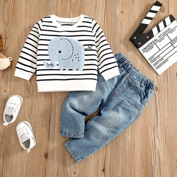 2pcs Baby Boy Cartoon Elephant Pattern Striped Long-sleeve Pullover Top and 100% Cotton Jeans Set