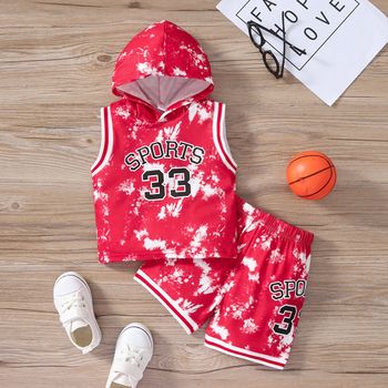 2pcs Baby Boy Number & Letter Print Tie Dye Sporty Hooded Tank Top and Shorts Set