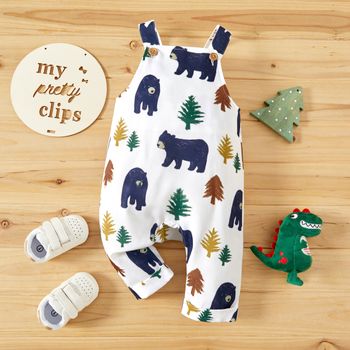Baby Boy All Over Animal Bear and Tree Print Sleeveless Overalls Jumpsuit