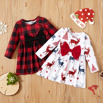 Baby Girl Christmas Plaid/Deer Print Long-sleeve Bowknot Dress