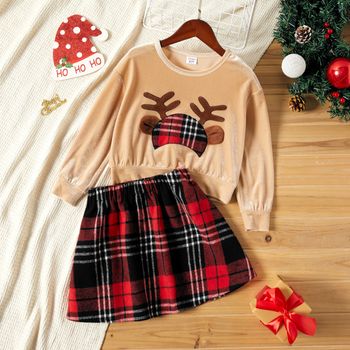 2-piece Kid Girl Christmas Deer Embroidered Velvet Sweatshirt and Plaid Skirt Set