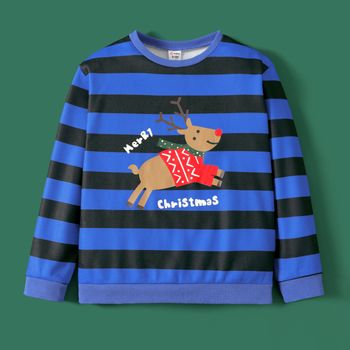Kid Boy Christmas Letter Deer Print Stripe Pullover Sweatshirt