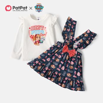PAW Patrol 2-piece Toddler Girl Flounce Top and Allover Bowknot Overalls Dress Set