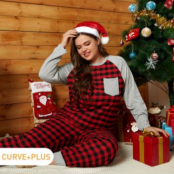 2-piece Women Plus Size Casual Christmas Plaid Colorblock Long-sleeve Top and Pants Lounge Set