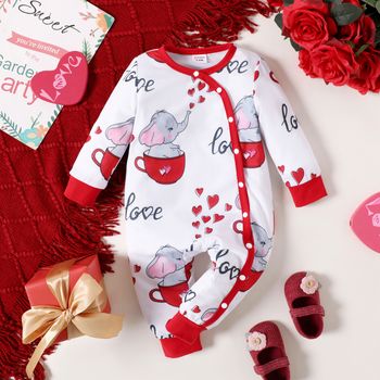 Baby Girl All Over Red Love Heart and Cartoon Elephant Print Long-sleeve Jumpsuit