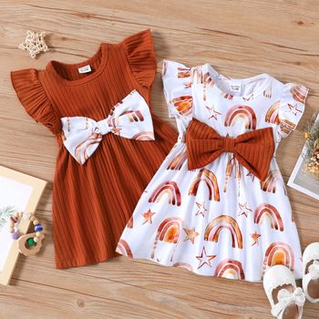 Baby Girl Ribbed Brown/White Rainbow and Star Print Ruffled Flutter Sleeve Bowknot Dress
