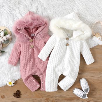 Baby Boy/Girl Solid Cable Knit Textured Faux Fur Hooded Long-sleeve Jumpsuit