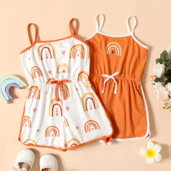 Toddler Girl Rainbow Print Bowknot Design Cami  Romper Jumpsuit Shorts