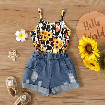 Shorts Pants Outfits Clothes Set Floral Baby Kids Girls Strap T-shirt Tank Top 