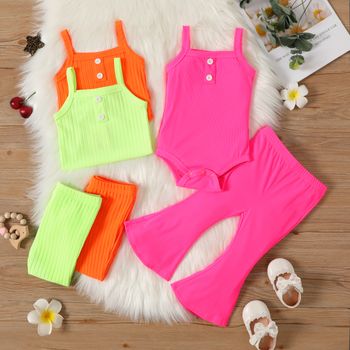 2pcs Baby Girl Fluorescent Color Spaghetti Strap Ribbed Romper and Flared Pants Set