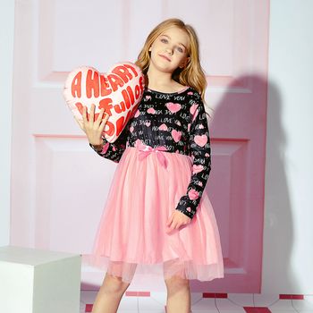 Kid Girl Letter/Heart Print Bowknot Design Mesh Splice Long-sleeve Dress