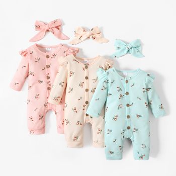 2pcs Baby Girl 95% Cotton Long-sleeve Floral Print Ruffle Button Up Waffle Jumpsuit with Headband Set