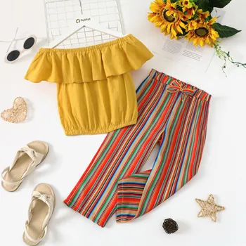 Pretty Solid Flounced Collar Top and Striped Pants Set