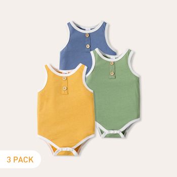 3-Pack 100% Cotton Baby Boy Button Front Solid Tank Rompers Set