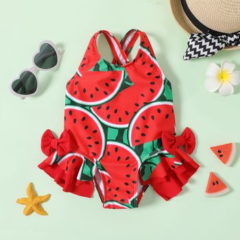 Baby Girl Red Watermelon Print Bowknot Ruffle Trim One-Piece Swimsuit