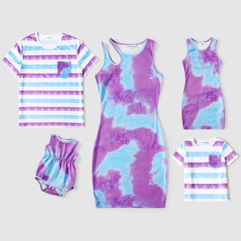 Family Matching Tie Dye Bodycon Cut Out Tank Dresses and Striped Short-sleeve T-shirts Sets
