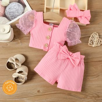 3pcs Baby Girl 95% Cotton Rib Knit Button Front Mesh Puff-sleeve Crop Top and Bow Front Shorts with Headband Set