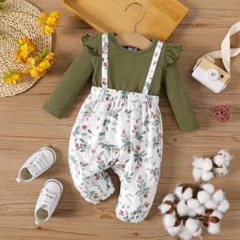 Baby Girl 95% Cotton Ruffle Long-sleeve Solid Spliced Floral Print Jumpsuit