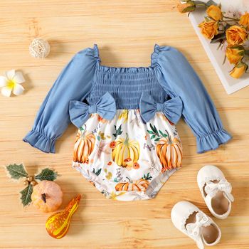 Thanksgiving Day Baby Girl 100% Cotton Shirred Bow Front Spliced Pumpkin Print Long-sleeve Romper