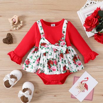 Baby Girl 95% Cotton Solid Flare-sleeve Spliced Floral Print Bow Front Romper