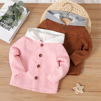 Baby Boy/Girl Button Front Corduroy Long-sleeve Contrast Hooded Jacket