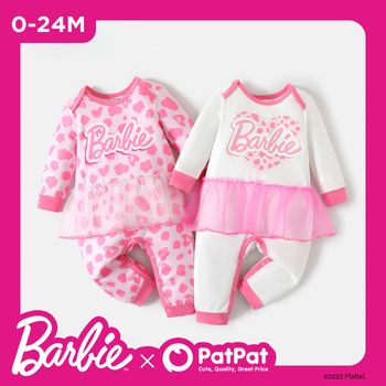 Barbie Baby Girl 100% Cotton Long-sleeve Letter Print Spliced Mesh Jumpsuit