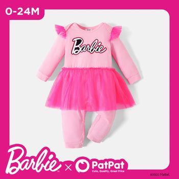 Barbie Baby Girl 95% Cotton Long-sleeve Letter Graphic Spliced Mesh Jumpsuit