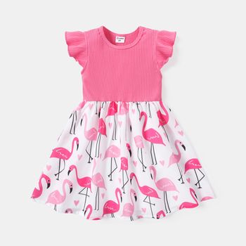 Toddler Gril Flamingo Print Splice Flutter-sleeve Dress