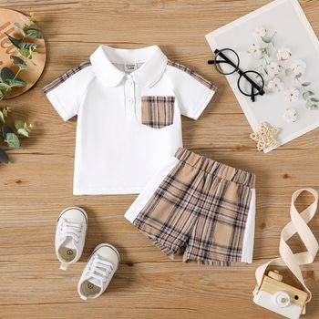 2pcs Baby Boy Short-sleeve Polo Shirt and Plaid Shorts Set
