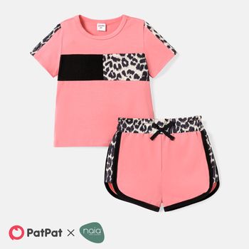 Naia 2pcs Toddler Girl Leopard Print Splice Short-sleeve Tee and Elasticized Shorts Set