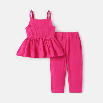 2pcs Toddler Girl 100% Cotton Solid Color Peplum Tank Top and Pants Set