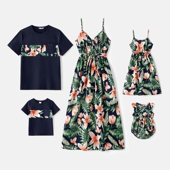 Family Matching Cotton Short-sleeve Spliced T-shirts and Allover Floral Print Belted Cami Dresses Sets