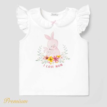 Easter Baby Girl Cotton Flutter-sleeve Mesh Peter Pan Collar Rabbit & Letter Print Tee