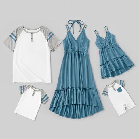 Blue Series Family Matching Sets(Sling Dresses for Mom and Girl ; Raglan Sleeves T-shirts for Dad and Boy)