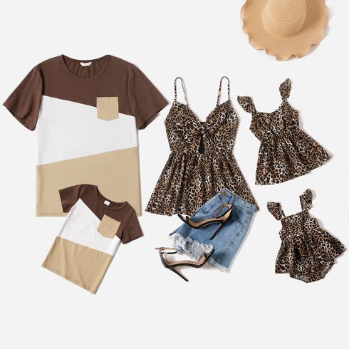 Leopard Series Family Matching Tops(Sleeveless Tops for Mom and Girl ; Color Block Splice Print T-shirts for Dad and Boy)