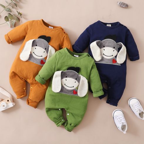 Donkey Embroidery 3D Ear Design Long-sleeve Green Baby Jumpsuit