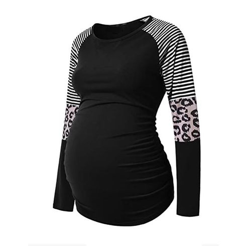 Maternity Stripe and Leopard Print Long-sleeve T-shirt