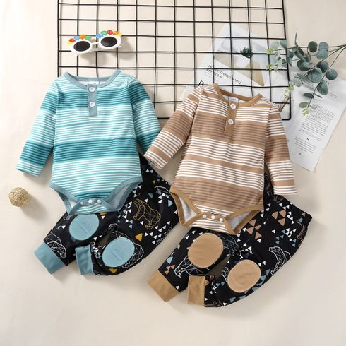 Baby 2pcs Cotton Stripe Long-sleeve Romper and Graphic Print Trouser Set